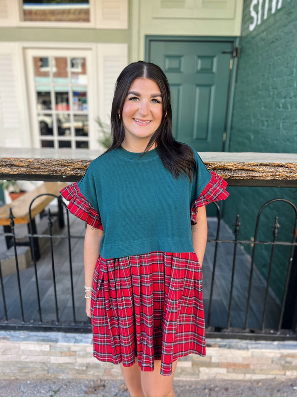 Hunter Green Plaid Ruffle Sleeve Dress