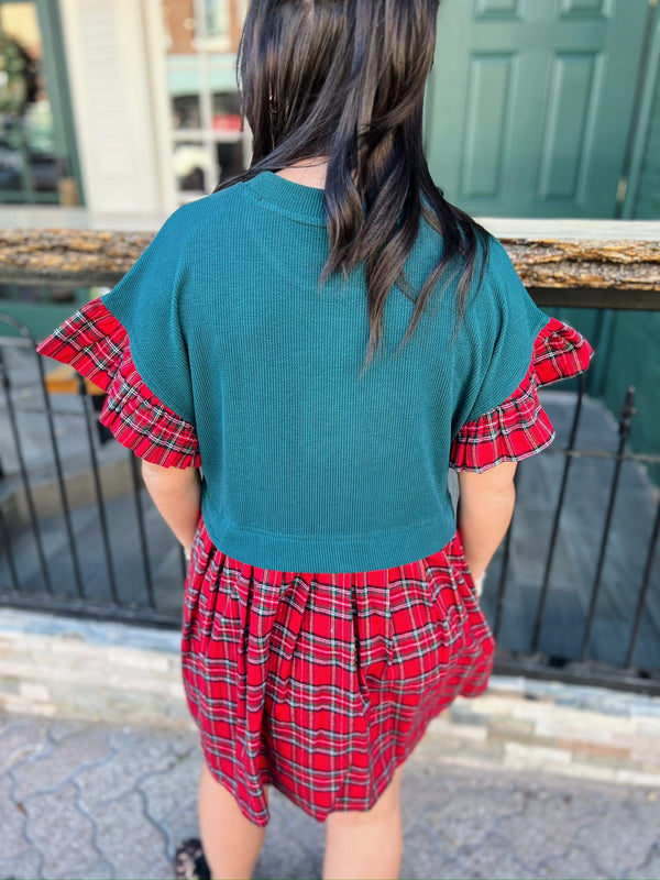 Hunter Green Plaid Ruffle Sleeve Dress