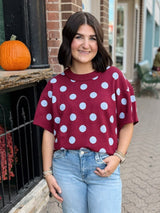 Burgundy Polka Dot Short Sleeve Sweater