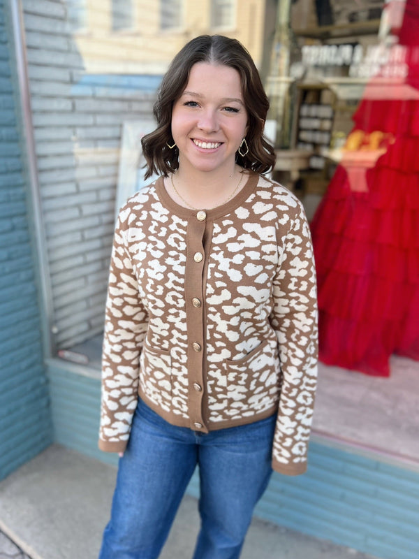Taupe Leopard Caridigan With Gold Buttons