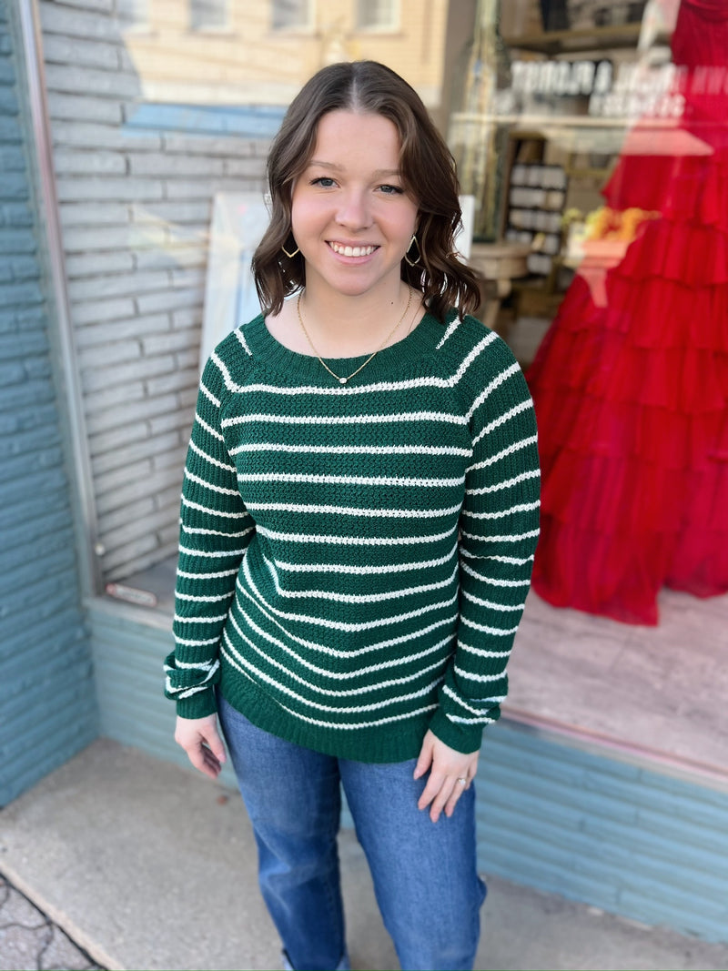Green Long Sleeve Striped Sweater