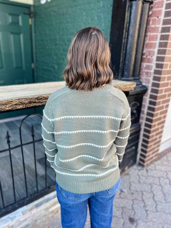Dark Olive Long Sleeve Stitched Striped Sweater