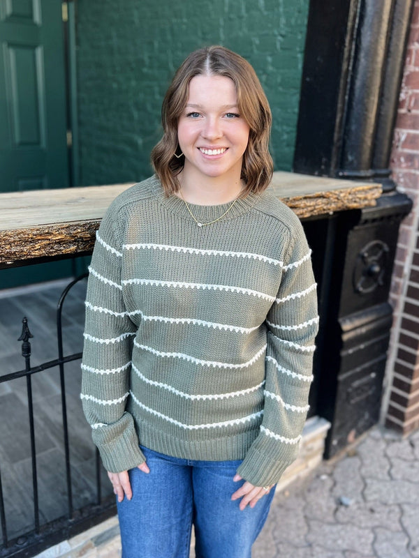 Dark Olive Long Sleeve Stitched Striped Sweater