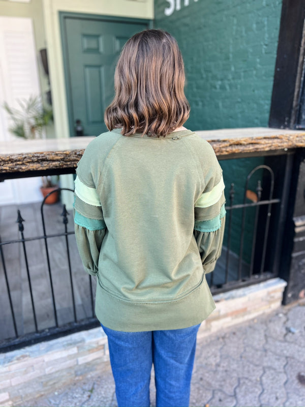 Olive Balloon Colorblock Sleeve Top