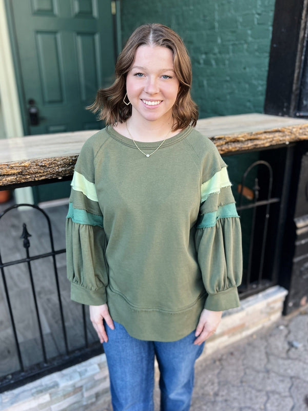 Olive Balloon Colorblock Sleeve Top