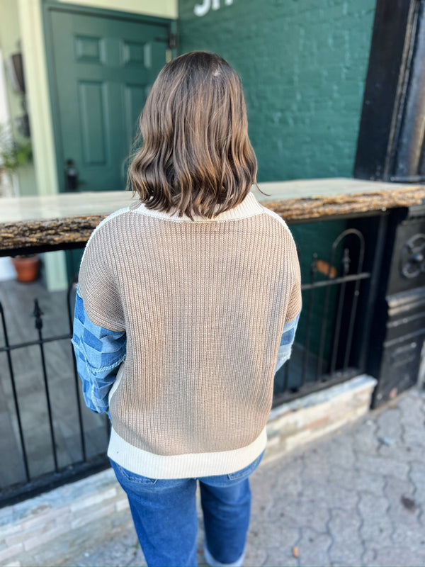 Checkered Denim Sleeve Tan Sweater