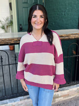 Mauve and Cream Striped V Neck Sweater