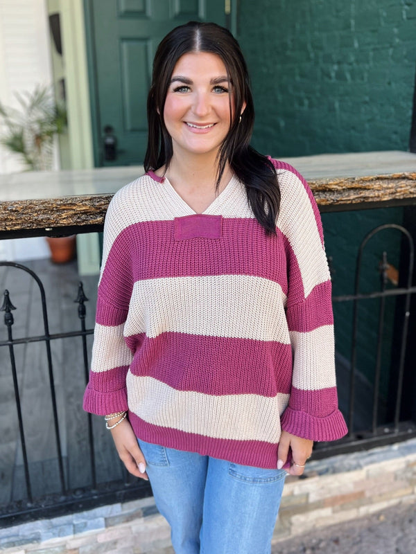 Mauve and Cream Striped V Neck Sweater