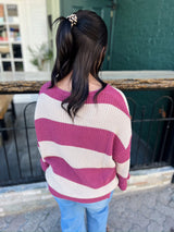 Mauve and Cream Striped V Neck Sweater