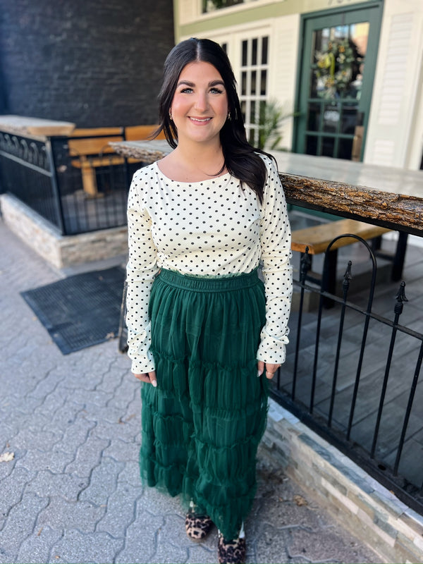 Hunter Green Frilled Tiered Mesh A-Line Midi Skirt