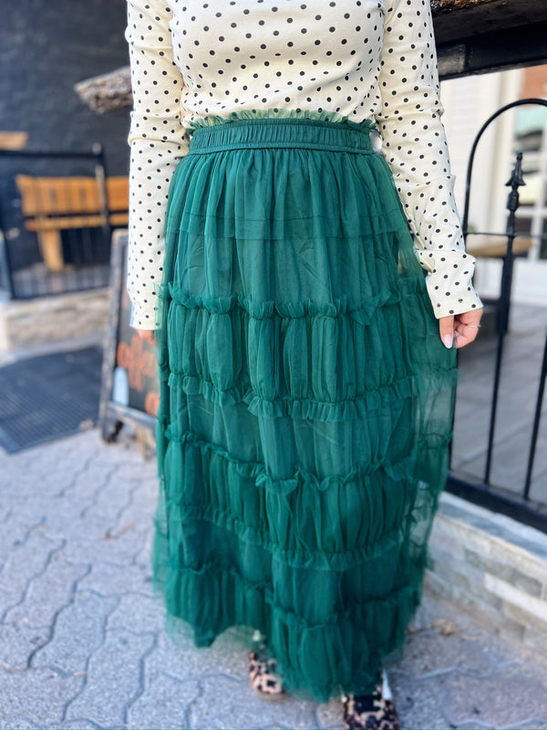 Hunter Green Frilled Tiered Mesh A-Line Midi Skirt