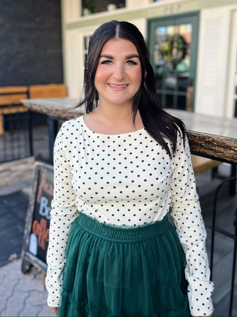 Long Sleeve Boat Neck Polka dot Top