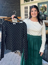 Long Sleeve Boat Neck Polka dot Top