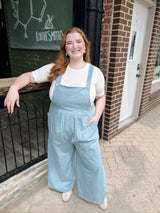 Curvy Light Blue Pintuck Overalls with Pockets