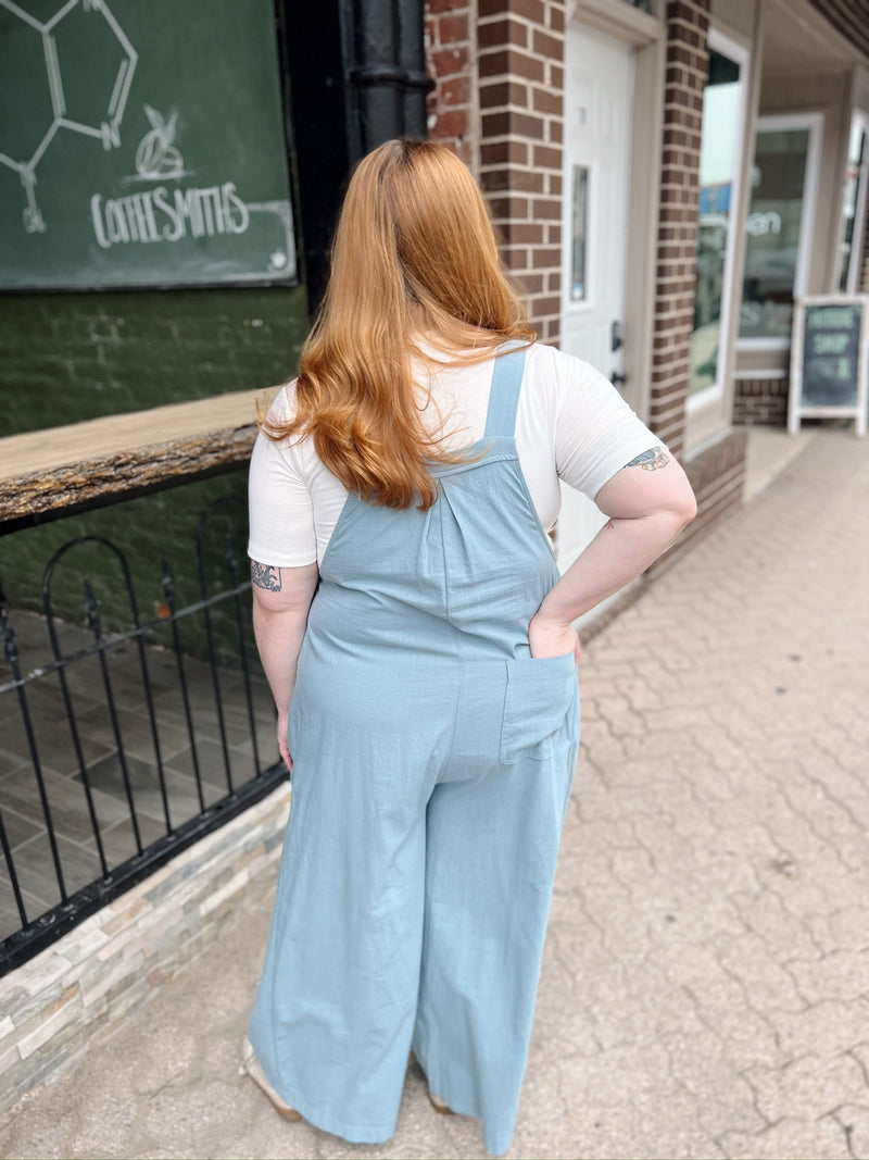 Curvy Light Blue Pintuck Overalls with Pockets
