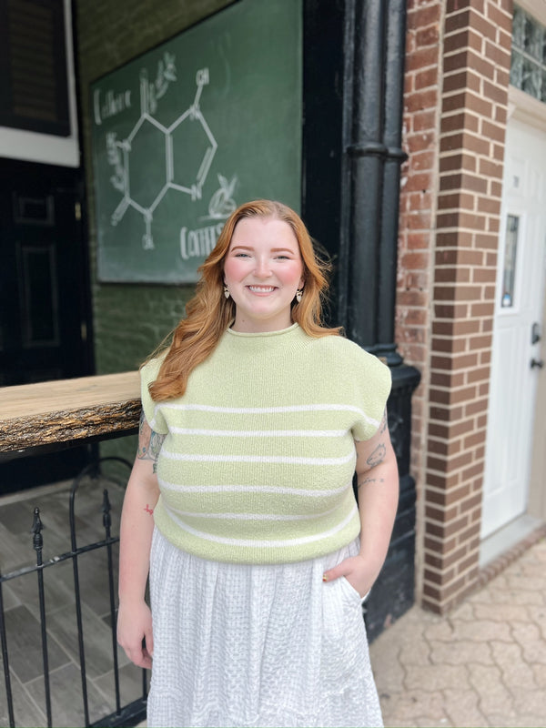 Green Drop Shoulder Mock Neck Striped Sweater Top
