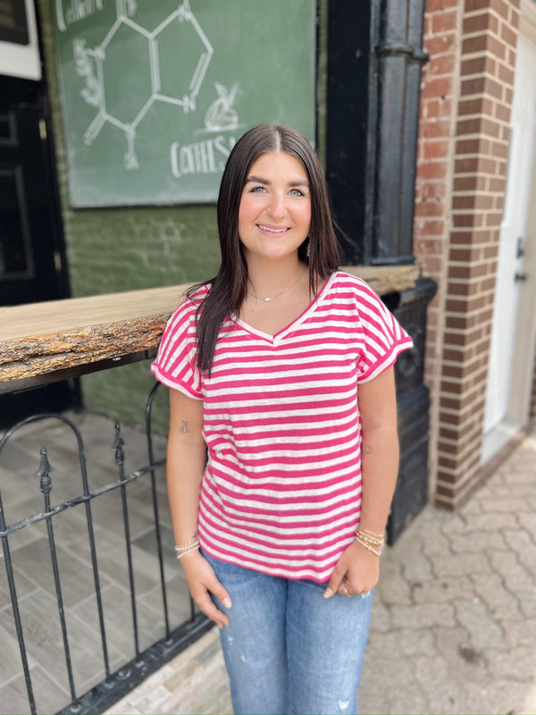 Short Sleeve Striped V-Neck Top