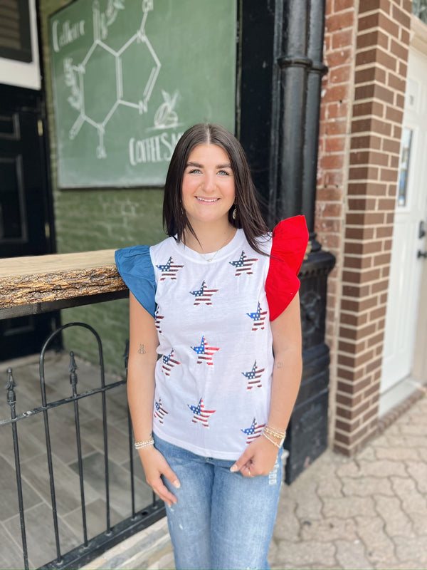 Off White Sequin Star Ruffle Sleeve Top
