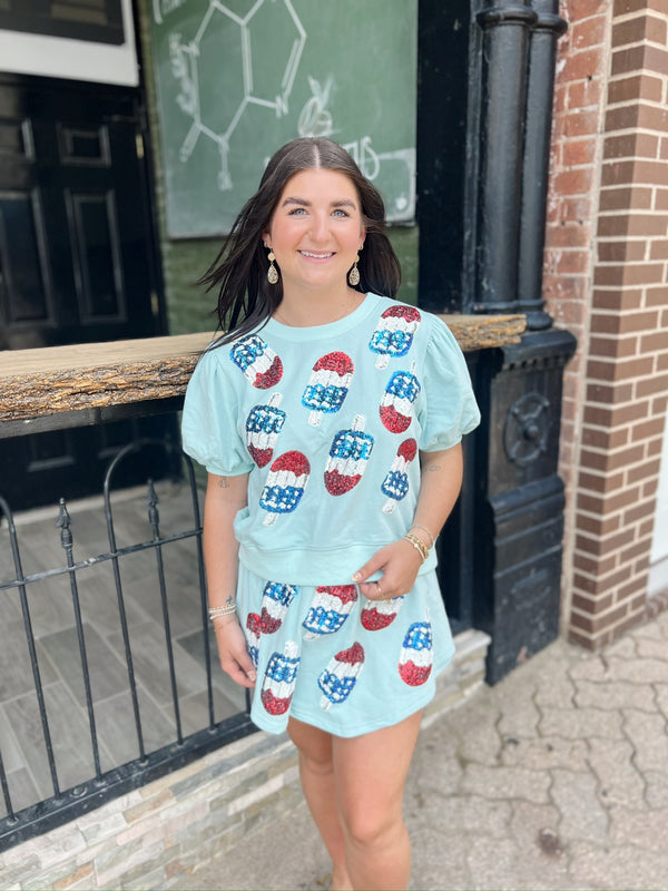 Blue USA Sequin Popsicle Crewneck Top
