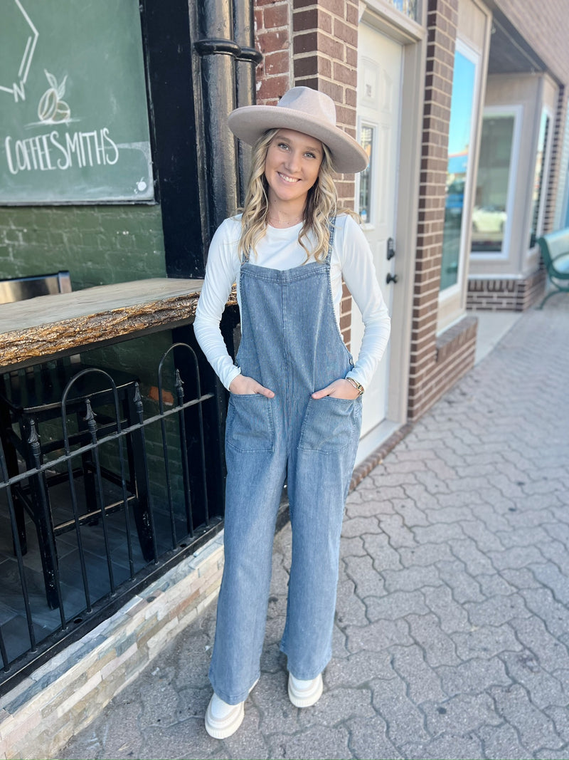 Denim Mineral Washed Open Pocket Jumpsuit