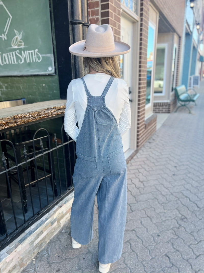 Denim Mineral Washed Open Pocket Jumpsuit