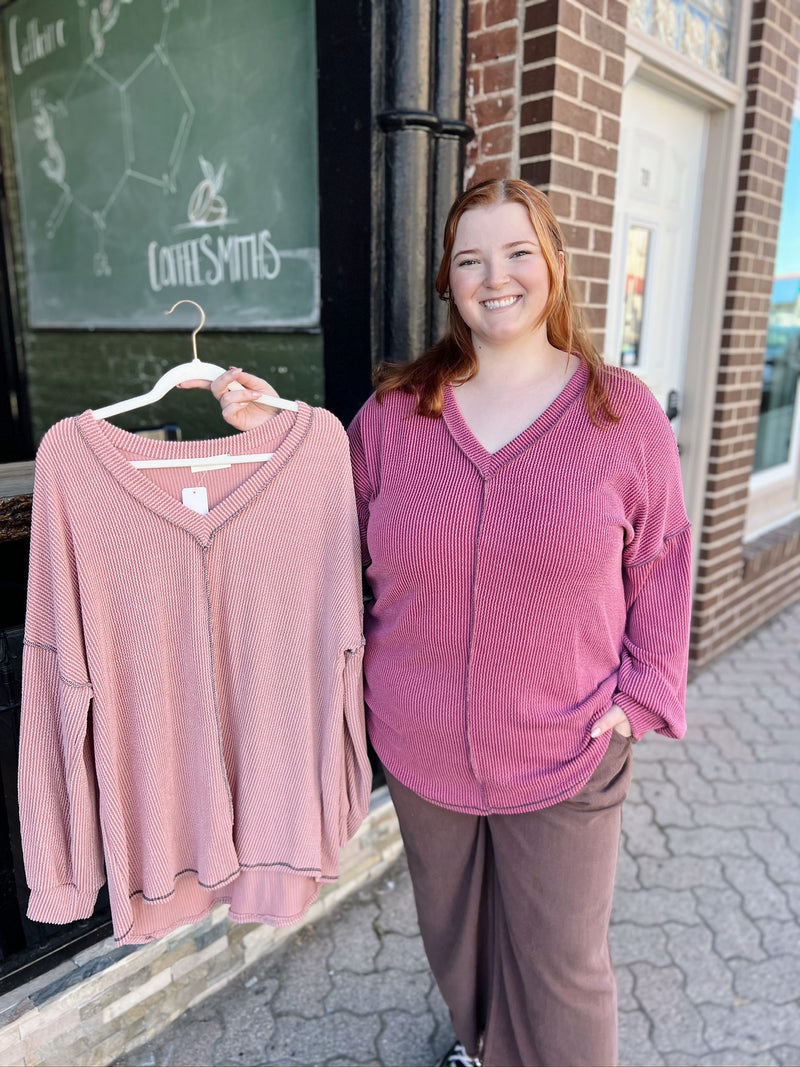 Curvy Ribbed V-Neck Out Stitched Dolman Sleeve Top