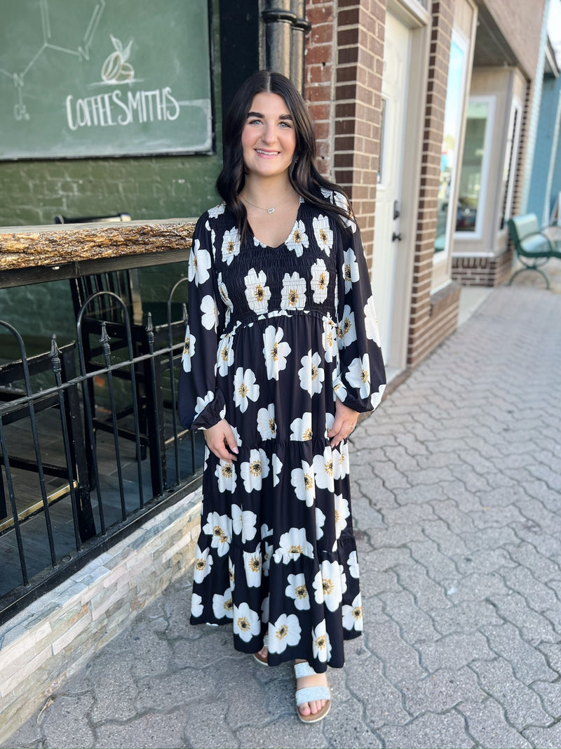 Black Floral Print Tiered Midi Dress