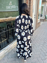 Black Floral Print Tiered Midi Dress