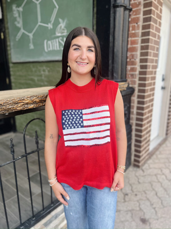 Red Sequin Flag Sweater Vest