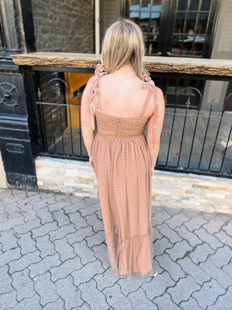Camel Polka Dot Tulled Bottom Flare Midi Dress Red Door Gifts & Boutique Camel Polka Dot Tulled Bottom Flare Midi Dress Red Door Gifts & Boutique