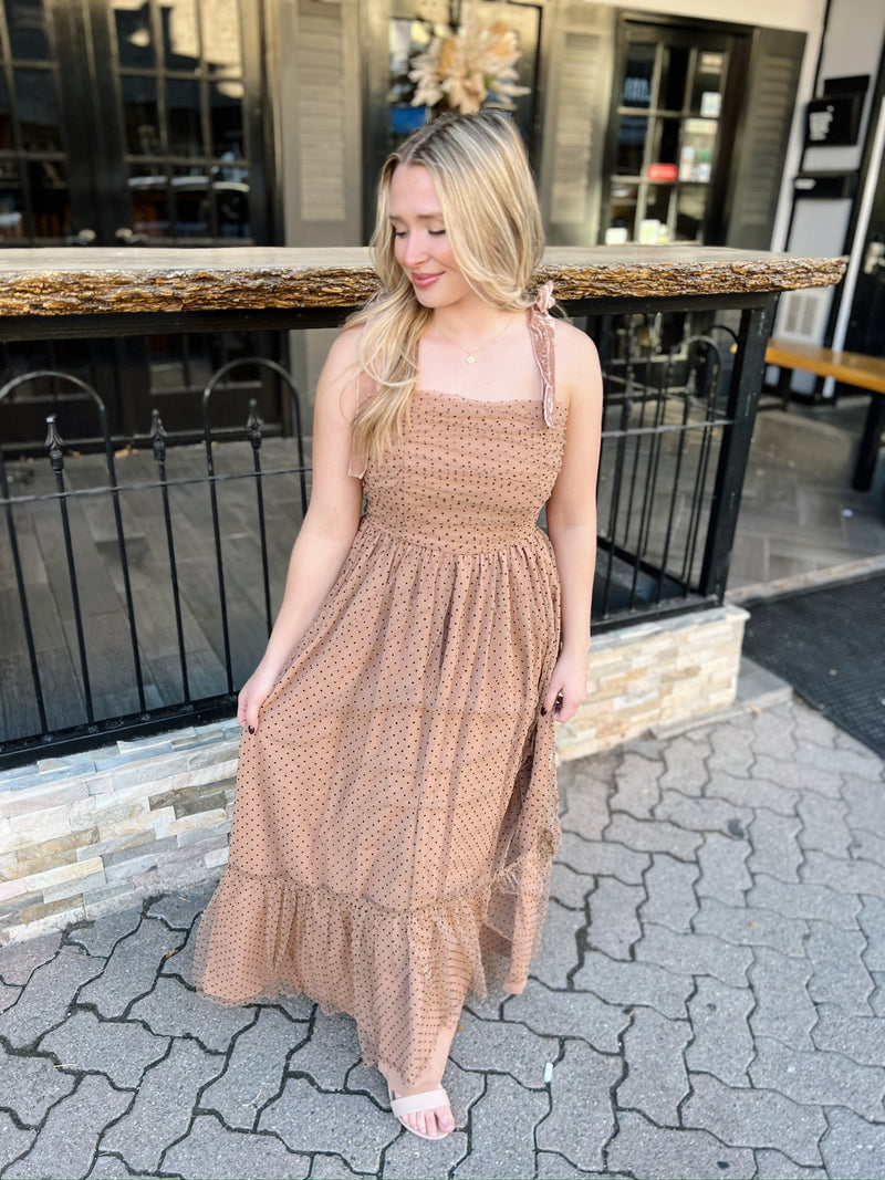 Camel Polka Dot Tulled Bottom Flare Midi Dress Red Door Gifts & Boutique Camel Polka Dot Tulled Bottom Flare Midi Dress Red Door Gifts & Boutique