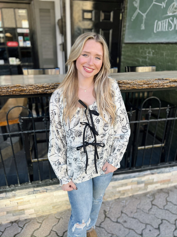 White with Black Floral Print with 3D Bows Top