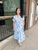 Light Blue Drop Shoulder Tiered Midi Dress with Lace Details