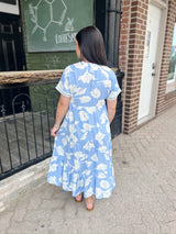 Light Blue Drop Shoulder Tiered Midi Dress with Lace Details