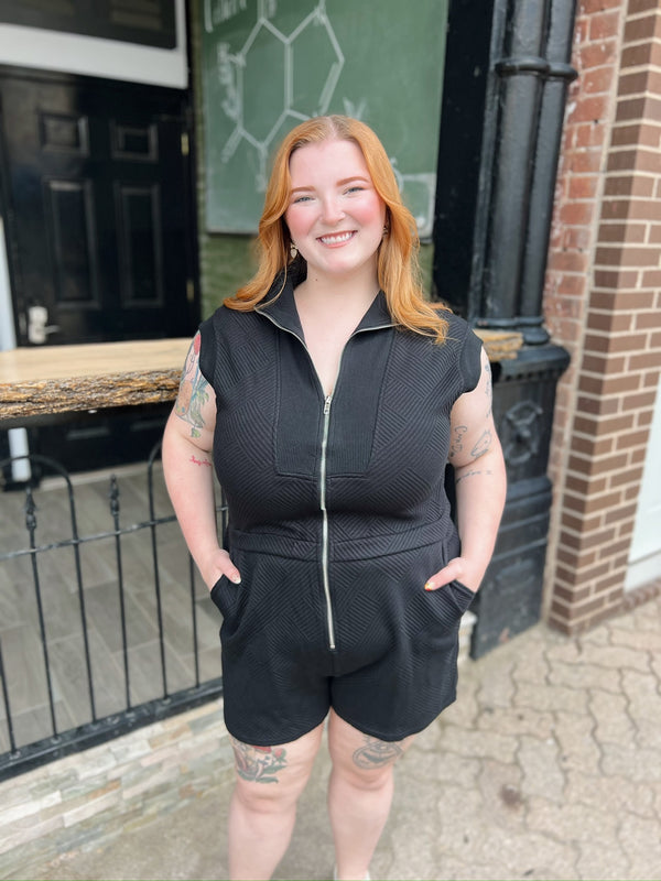 Curvy Drop Shoulder Textured Front Zip Romper