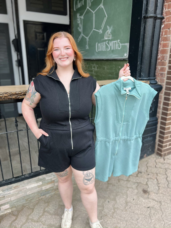 Curvy Drop Shoulder Textured Front Zip Romper
