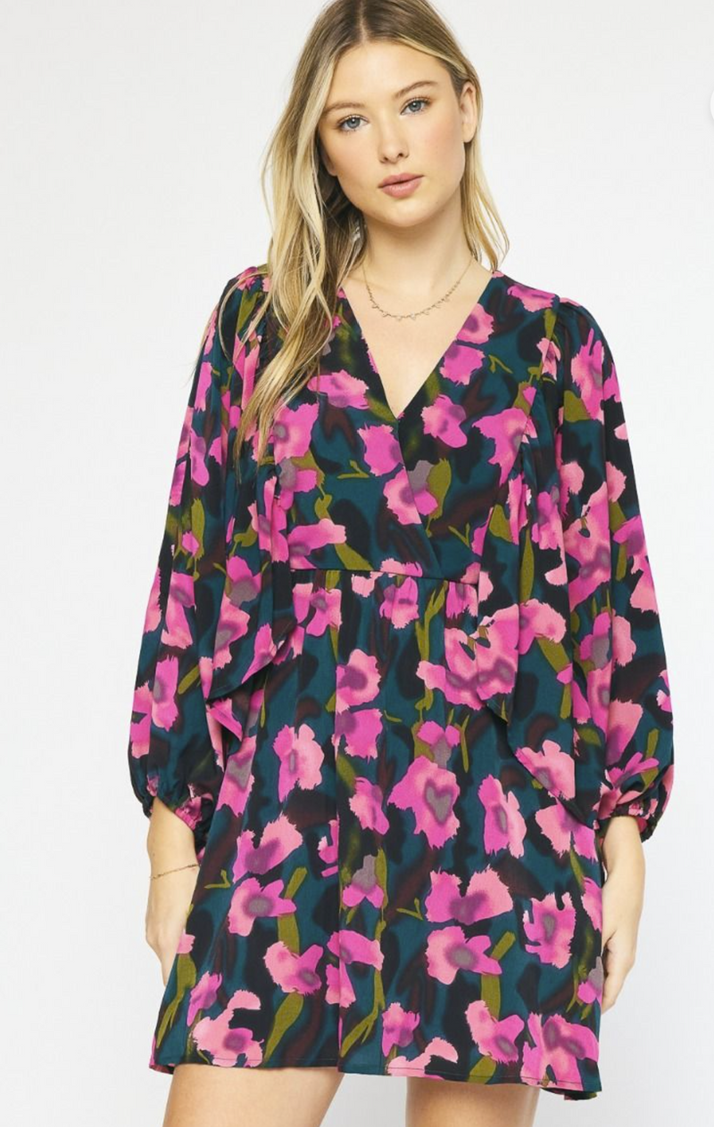 Hunter Green Surplice Dress With Floral Print