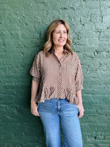Brown Gingham Peplum Top