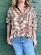 Brown Gingham Peplum Top