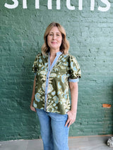Olive Floral Contrast Button Front Puff Sleeve Top