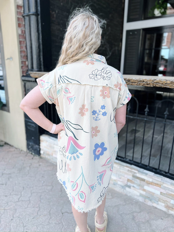 Khaki Floral Printed Raw Hem Button Down Dress