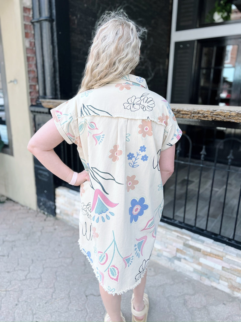 Khaki Floral Printed Raw Hem Button Down Dress