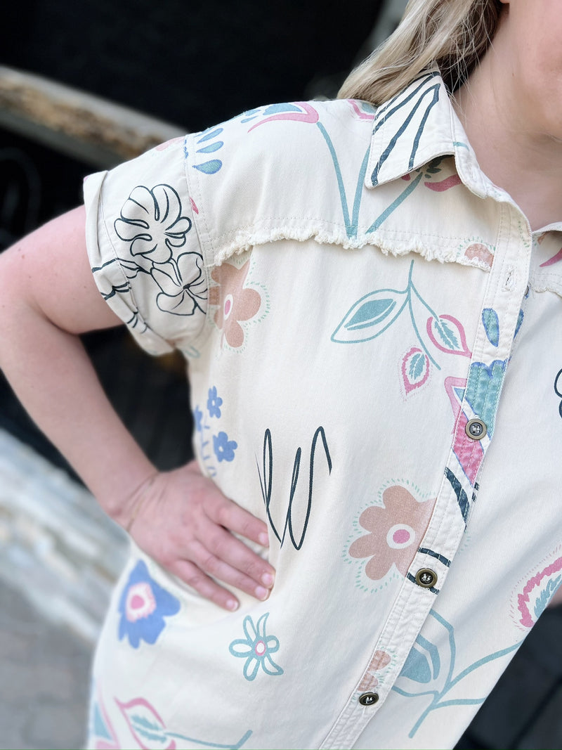 Khaki Floral Printed Raw Hem Button Down Dress
