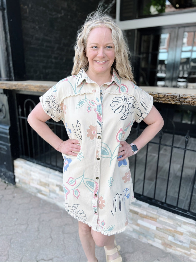Khaki Floral Printed Raw Hem Button Down Dress