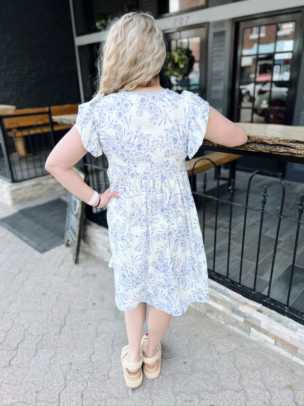 White and Blue Floral Print Ruffled Babydoll Dress