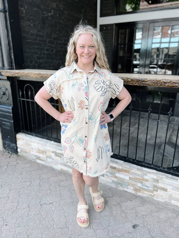 Khaki Floral Printed Raw Hem Button Down Dress