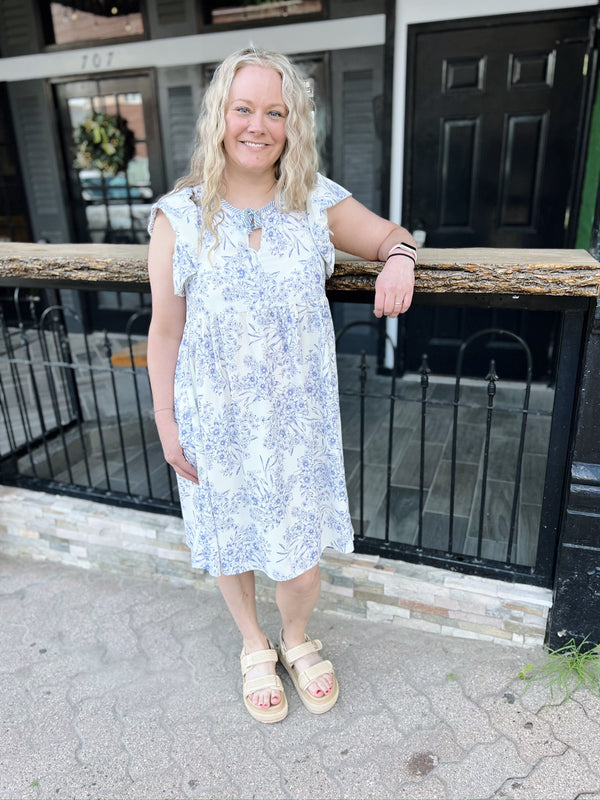 White and Blue Floral Print Ruffled Babydoll Dress