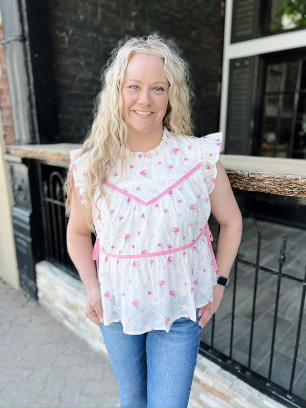 White With Pink Floral and Ribbon Ruffle Sleeve Top