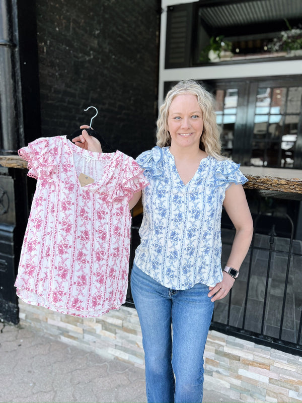 Striped Floral Split Neck Ruffle Sleeve Top