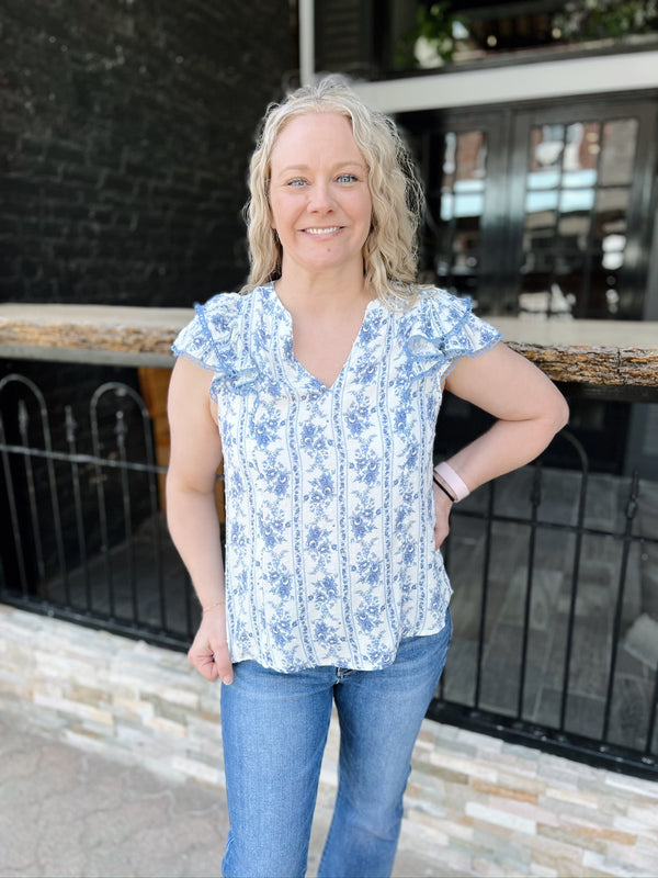 Striped Floral Split Neck Ruffle Sleeve Top